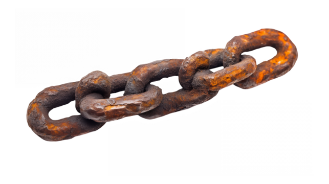 Rusty metal chain, close-up photography, oxidized iron links, industrial aesthetic, weathered texture, orange and brown tones, strong contrast, white background, detailed macro shot