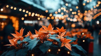 Close-up of vibrant orange poinsettia flowers with blurred background of festive lights and holiday market ambiance.