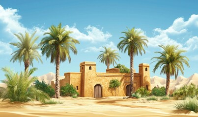 Fototapeta premium Desert oasis with palm trees and ancient structure, vibrant blue sky, sandy landscape, lush greenery, warm colors