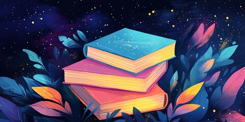 A Colorful Stack of Books Rests Among Vibrant Leaves Under a Starry Night Sky, Inviting Readers Into a World of Imagination and Knowledge in a Whimsical, Artistic Setting