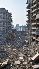 City Destroyed by Earthquake – Devastated Urban Ruins Submerged in Debris After Strong Quake