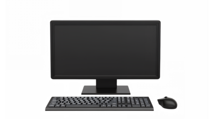 computer monitor, keyboard, mouse, desktop setup, minimalist, black and white, sleek design, modern technology, office equipment, clean workspace, simple background, monochrome image