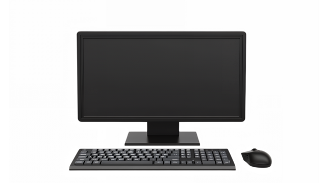 computer monitor, keyboard, mouse, desktop setup, minimalist, black and white, sleek design, modern technology, office equipment, clean workspace, simple background, monochrome image