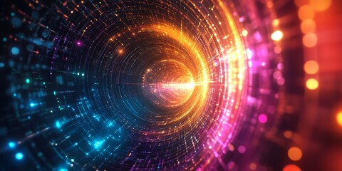 Obraz premium Colorful Swirling Patterns of Light and Energy Create a Mesmerizing Digital Vortex in a Dark Background, Capturing the Essence of Movement and Rhythm in the Universe