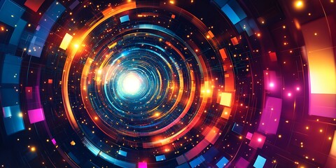 Obraz premium Vibrant Swirling Patterns and Bright Lights Create a Dynamic Tunnel Effect in Futuristic Abstract Digital Art Design During the Night, Evoking a Sense of Movement and Depth