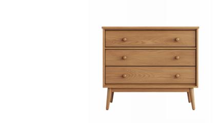 Wooden dresser, mid-century modern design, three drawers, tapered legs, minimalist furniture, light oak finish, clean lines, retro style, functional storage, warm tones, Scandinavian influence