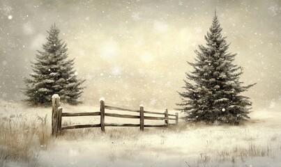 Snowy winter landscape with evergreen trees, wooden fence, soft snowfall, serene atmosphere