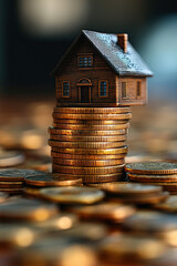 A small house sits atop a stack of coins highlighting the theme of housing market and financial investment for buyers
