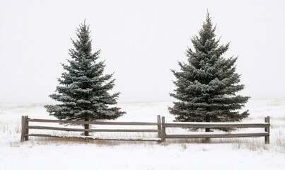 Snow-covered evergreen trees, wooden fence, winter landscape, serene atmosphere, soft light, minimalistic scene