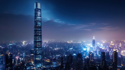 Obraz premium A towering skyscraper stands tall against the night sky, surrounded by the dazzling glow of city lights. The bright lights of the urban landscape create a vibrant and dynamic nighttime scene.
