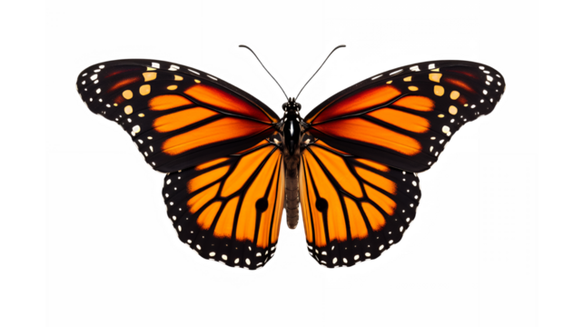 monarch butterfly, detailed wings, orange and black pattern, white spots, symmetrical, realistic, nature illustration, isolated on white background, macro photography, high contrast, vibrant colors