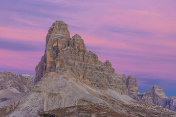 Tre Cime di Lavaredo in the Dolomites popular mountain group known for its distinct, towering peaks. Ideal for photography, with dramatic landscapes, rugged terrain, and scenic alpine views.