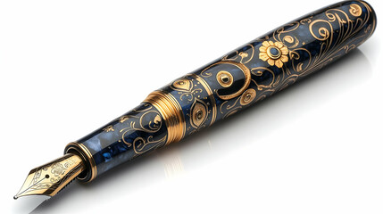 Blue and Gold Ornate Fountain Pen Realistic Image