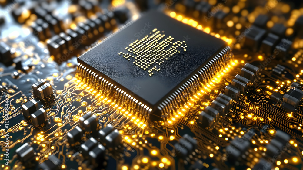 Poster closeup of a circuit board with a microchip - 3d illustration