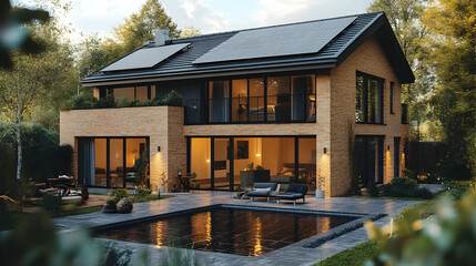 Obraz premium Modern House with Swimming Pool and Solar Panels 3D Illustration