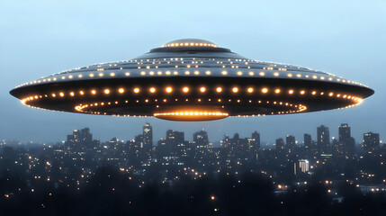 Fototapeta premium Flying Saucer Over City Lights - 3D Illustration