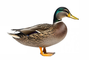 duck, mallard, realistic, detailed feathers, iridescent green head, brown body, orange feet, white background, side view, wildlife photography, nature illustration, high resolution, studio lighting