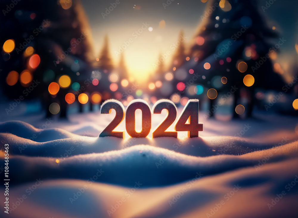 Poster the year 2024 is represented by large 3-d numbers set in a snowy winter scene at dusk.