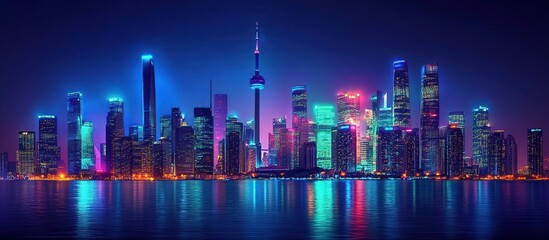 Fototapeta premium A vibrant city skyline illuminated at night with colorful lights reflecting on water.