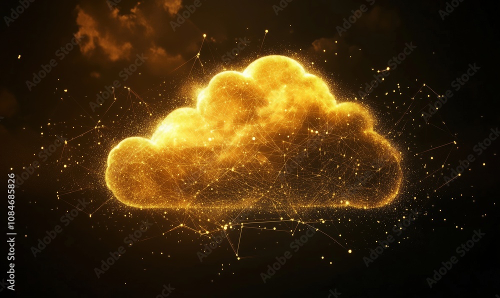 Poster golden cloud with glowing connections and particles, digital representation of data storage and tech