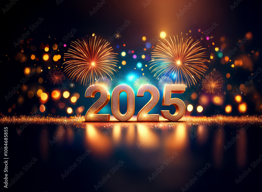 Poster the year 2025 is depicted in gold against a dark background with twinkling lights and exploding fire