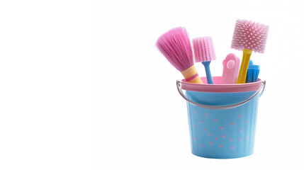 Colorful makeup brushes, blue plastic container, white background, product photography, cosmetic tools, beauty accessories, pastel colors, clean aesthetic, minimalist composition, soft lighting