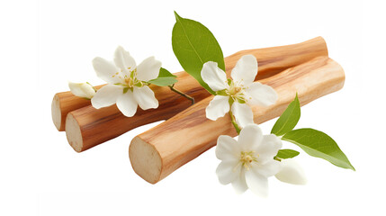 Fototapeta premium Cinnamon sticks, white jasmine flowers, green leaves, aromatic spices, photorealistic, high detail, soft lighting, close-up, food photography, natural ingredients, culinary still life, warm tones