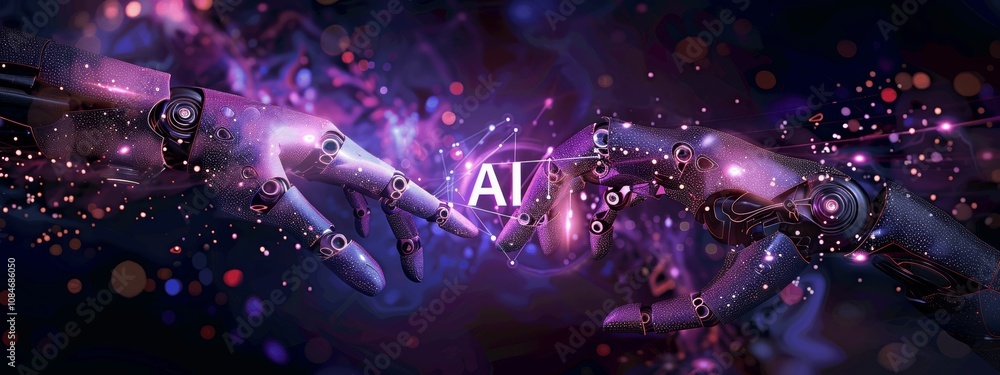 Poster ai and human hand touching in futuristic technology scene with digital network and artificial intell