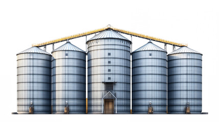Industrial agricultural silos, metallic grain storage, cylindrical tanks, rural farm equipment, structural engineering, agricultural architecture, reflective steel surfaces, golden sunlight