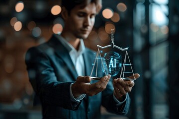 Ethical AI Concept: Businessman Holding Scales of Justice with AI Icon on Virtual Screen for Law Technology and Artificial Intelligence Compliance