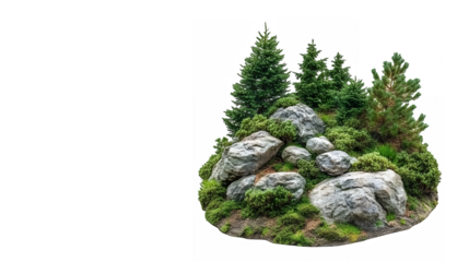 Miniature forest diorama, mossy rocks, evergreen trees, pine trees, floating island, isolated on white background, photorealistic, detailed textures, nature scene, small-scale landscape