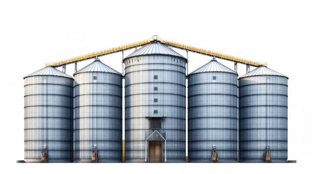 Industrial agricultural silos, metallic grain storage, cylindrical tanks, rural farm equipment, structural engineering, agricultural architecture, reflective steel surfaces, golden sunlight