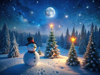 Fototapeta premium Enchanting Winter Night with a Snowman Under Starry Skies - Captivating Landscape Photography of a Snowy Scene