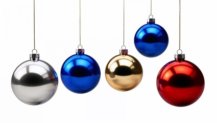 Set of five, blue, gold, silver, and red Christmas baubles hanging by strings isolated on a white background