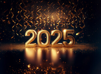 Golden 2025 in a dark background with confetti and sparkling lights.
