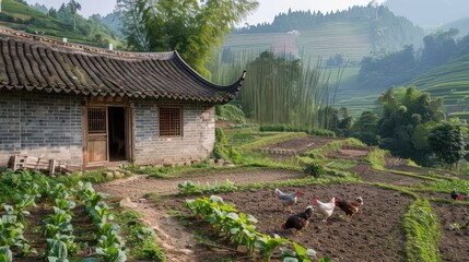 A simple house located at the edge of a field, with a modest structure and peaceful surroundings. The natural beauty of the farmland complements the humble, tranquil living space.