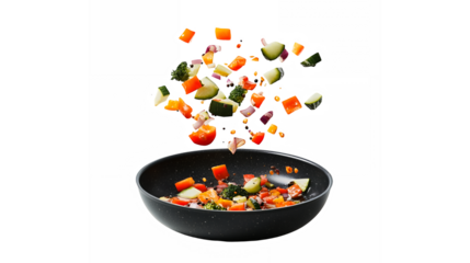 Frozen vegetables falling into a black frying pan, colorful assortment of chopped vegetables, dynamic food photography, white background, high-speed capture, culinary art, fresh ingredients