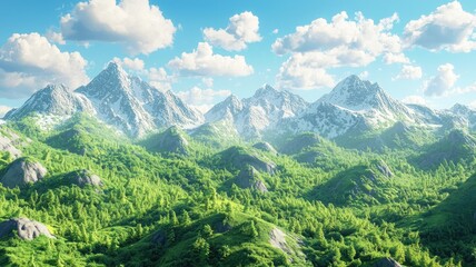 Naklejka premium Lush Green Forest Valley Surrounded by Snow-capped Mountains and Blue Sky