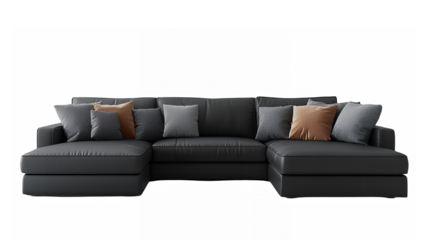 Modern sectional sofa, dark gray fabric, U-shaped, chaise lounges, orange and gray throw pillows, minimalist design, spacious seating, contemporary living room furniture, clean lines