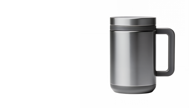 Stainless steel travel mug, brushed metal finish, cylindrical shape, insulated coffee cup, sturdy handle, screw-on lid, minimalist design, sleek appearance, portable beverage container