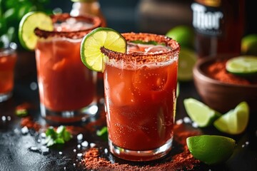 Red Michelada with Lime and Salt on Dark Background