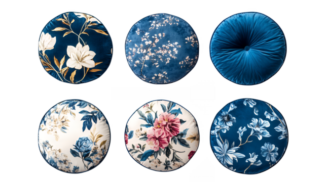 Circular nature vignettes, Japanese floral art, blue and white porcelain patterns, indigo dye textures, cherry blossoms, delicate snowflakes, intricate botanical designs, zen garden ripples