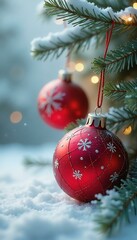 Christmas Ornaments on Snowy Pine Branch, Festive Winter Holiday Decoration Concept.
