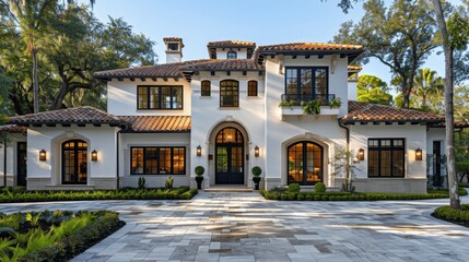 Naklejka premium Elegant Spanish Colonial Style Home with Black Accents and Lush Landscaping in Florida