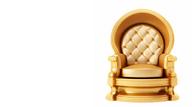 Golden throne, miniature, ornate, luxurious, royal seat, detailed carving, plush cushions, diamond pattern upholstery, rich textures, metallic sheen, isolated on white background, product photography