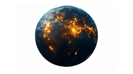 Earth at night, global view, city lights, urbanization, space photography, dark oceans, glowing continents, satellite imagery, light pollution, golden illumination, planetary sphere, black background