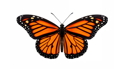 Fototapeta premium Monarch butterfly, vibrant orange wings, black veins, white spots, realistic details, symmetrical pose, isolated on white background, nature photography, macro lens, high resolution