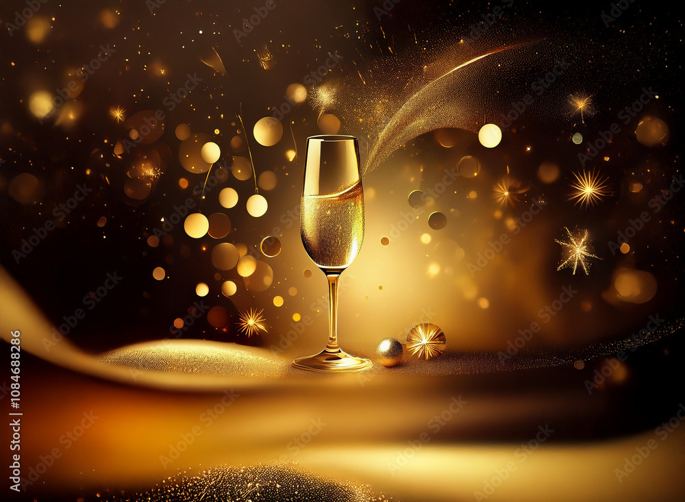 Poster a glass of champagne sits on a table with golden bokeh and shimmering light.