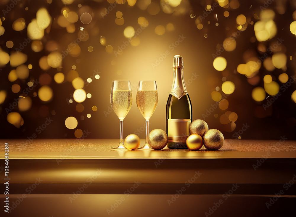 Poster a champagne bottle and two glasses sit on a table with golden ornaments in front of a bokeh backgrou