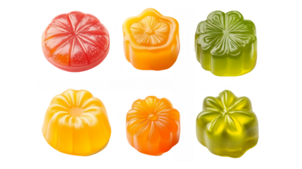 Colorful fruit-shaped gummy candies, vibrant gelatin sweets, assorted tropical fruit jellies, translucent candy shapes, orange lemon lime grapefruit flavors, top-down view of jelly treats
